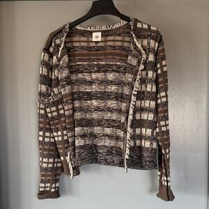 CAbi Women’s Plaid Open Front Cardigan Sweater Fringed sz Large Long Sleeves